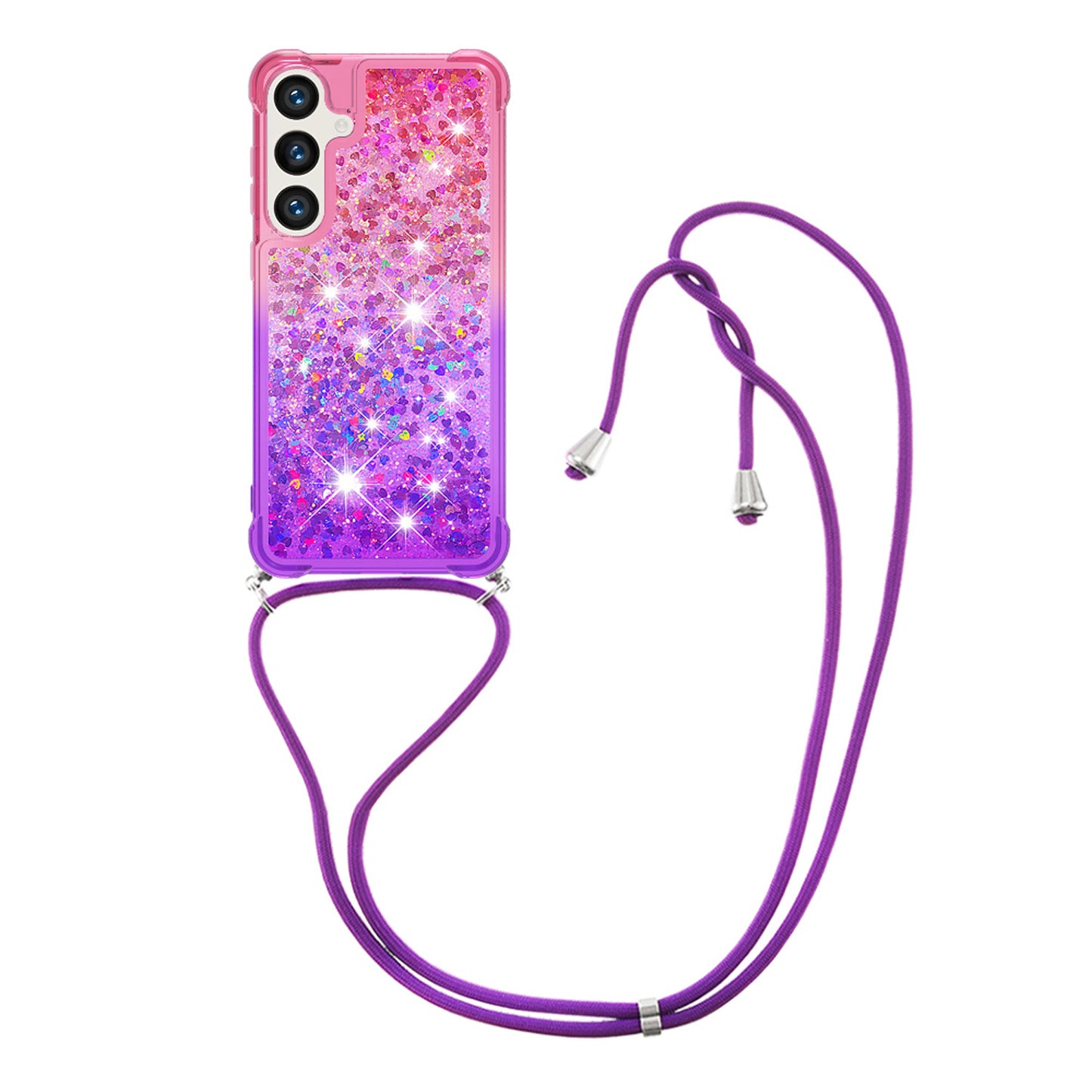 Samsung Galaxy S25 Gradient Quicksand Liquid Shockproof Case with Adjustable Lanyard, PINK&P&LANYARD