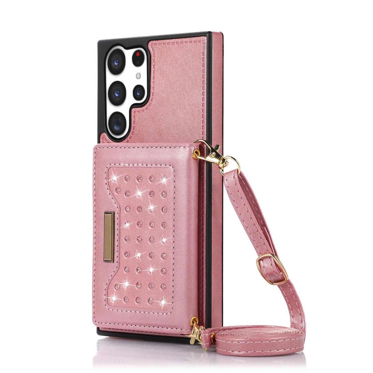 Crossbody Strap Bling Glitter Leather Flip Case for Samsung Galaxy S24 Ultra, Rose Gold