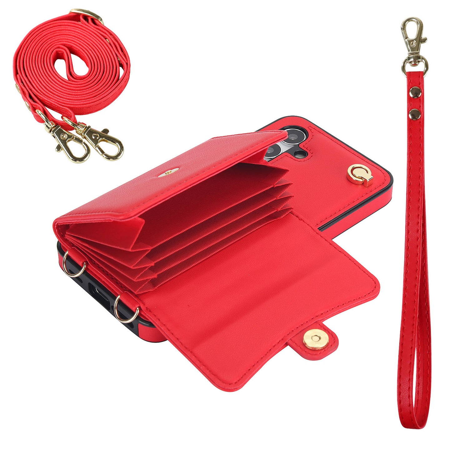 Crossbody Leather Detachable Adjustable Strap Wristlet Flip Case for Samsung Galaxy S24+, Red