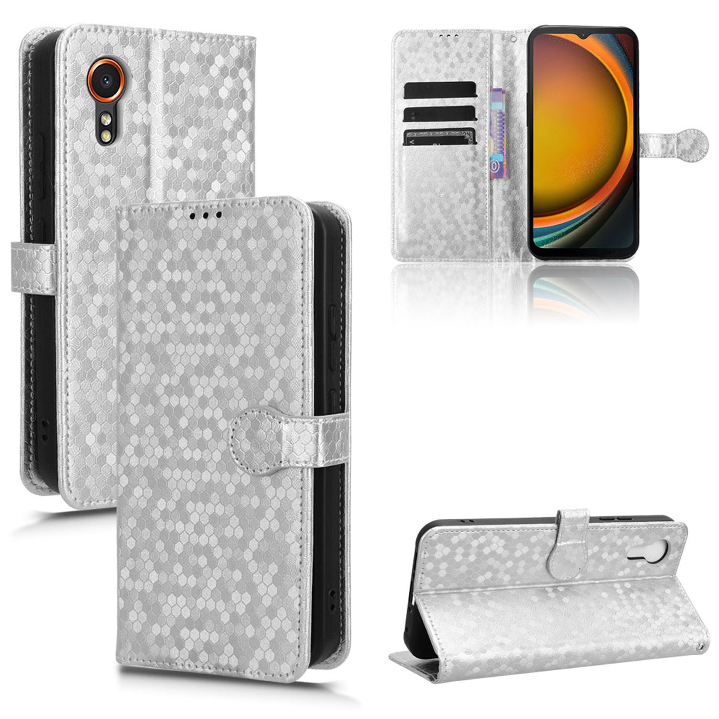 Slim Flip Polka-Dots Phone Case with Card Holder for Samsung Galaxy XCover7, Silver