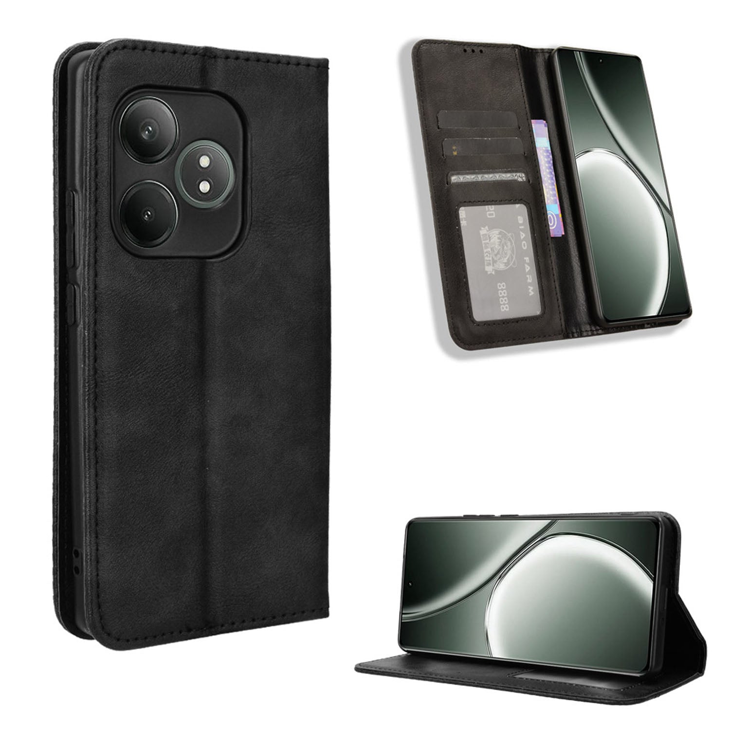 Realme GT 6 Flip Folio Case with Card Holder Hidden Magnetic, Brown