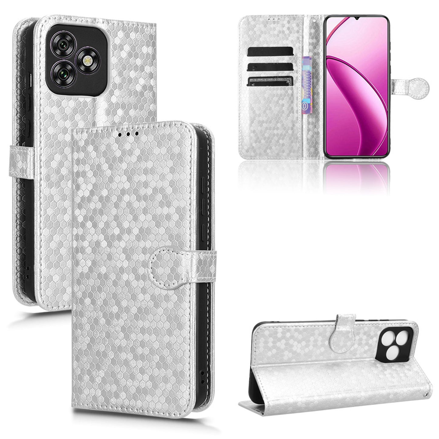 Slim Flip Polka-Dots Phone Case with Card Holder for Oukitel C53, Silver