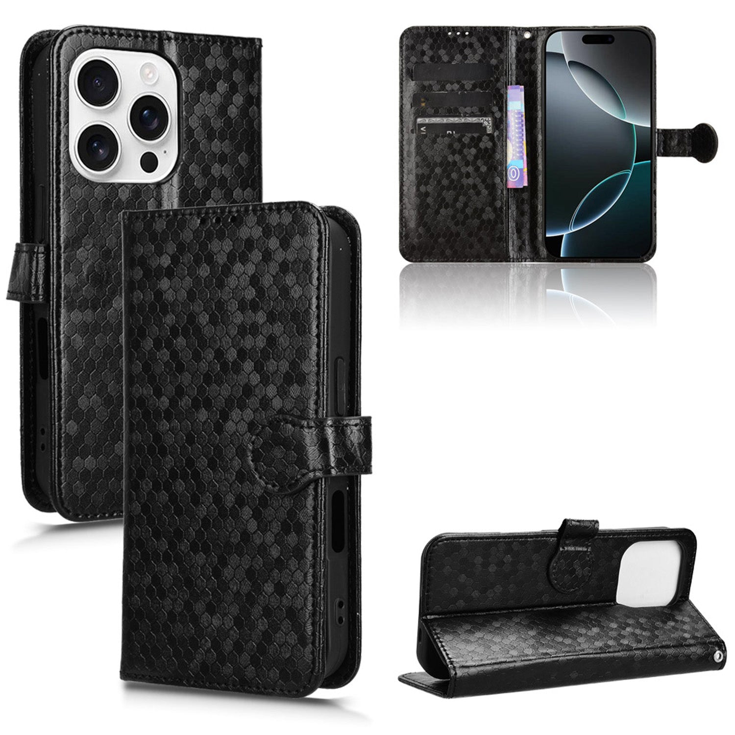 Slim Flip Polka-Dots Phone Case with Card Holder for iPhone 16 Pro Max, Black