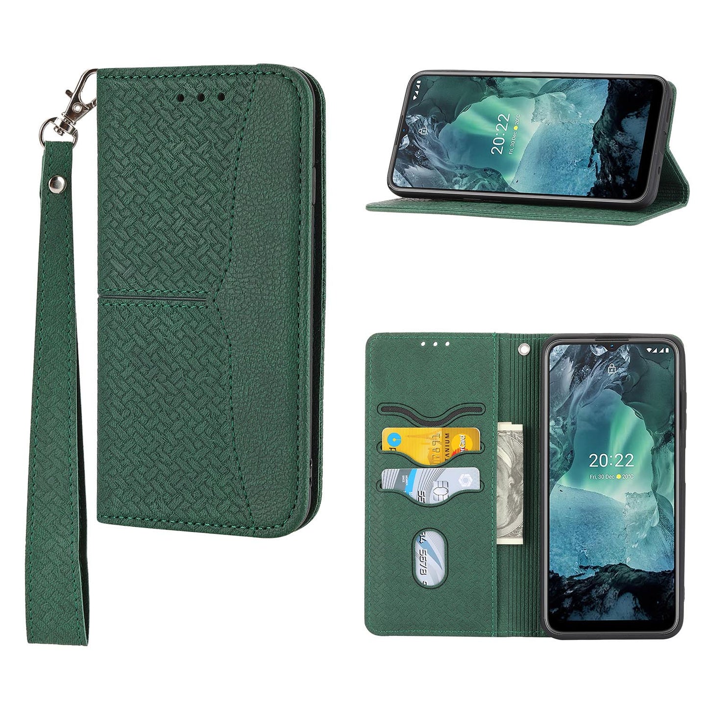 Wallet Case with Wrist Strap Magnetic Closure Flip Case for iPhone 14, Green