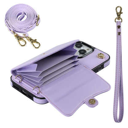 Crossbody Leather Detachable Adjustable Strap Wristlet Flip Case for iPhone 16 Pro Max, Purple