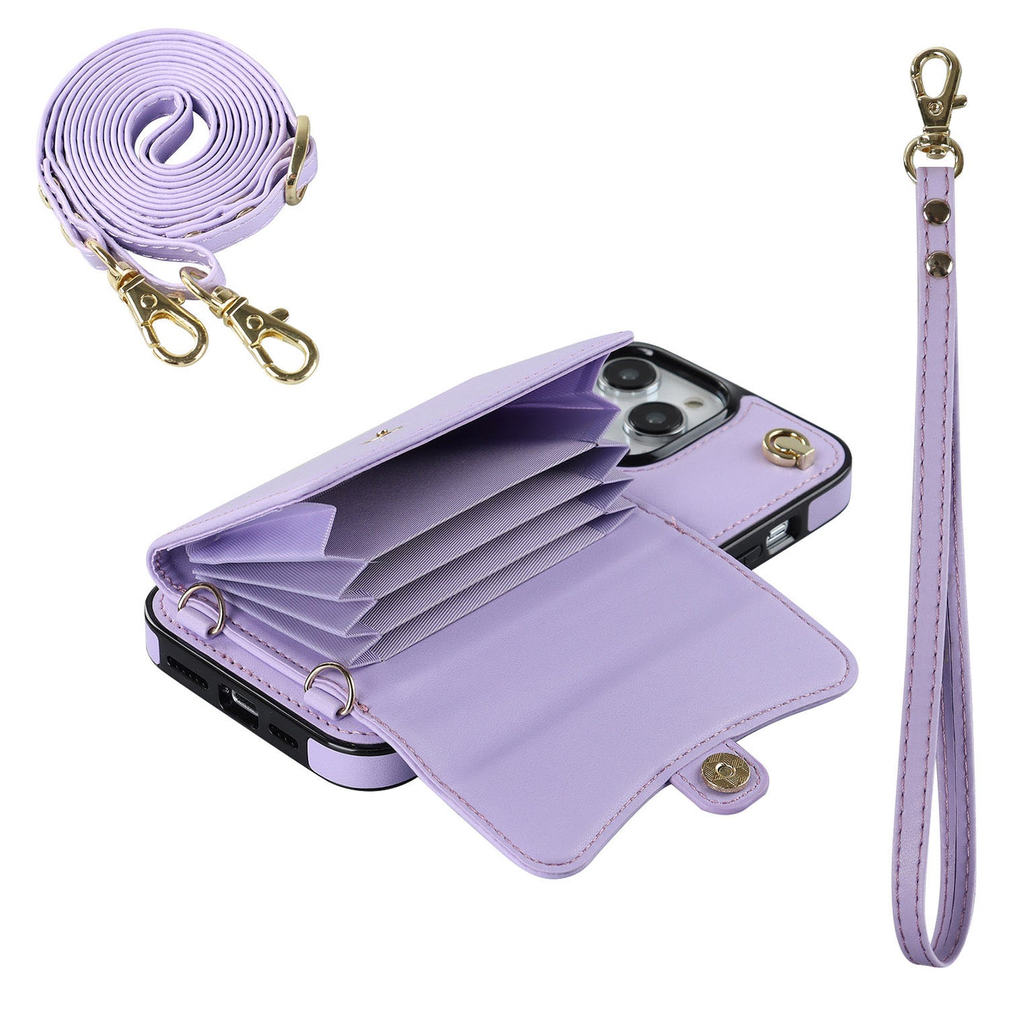 Crossbody Leather Detachable Adjustable Strap Wristlet Flip Case for iPhone 13 Pro Max, Purple