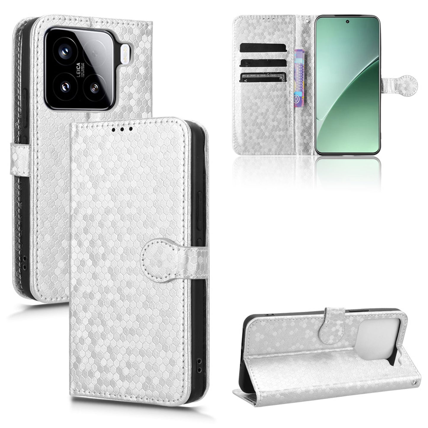 Slim Flip Polka-Dots Phone Case with Card Holder for Xiaomi 15 Pro, Silver