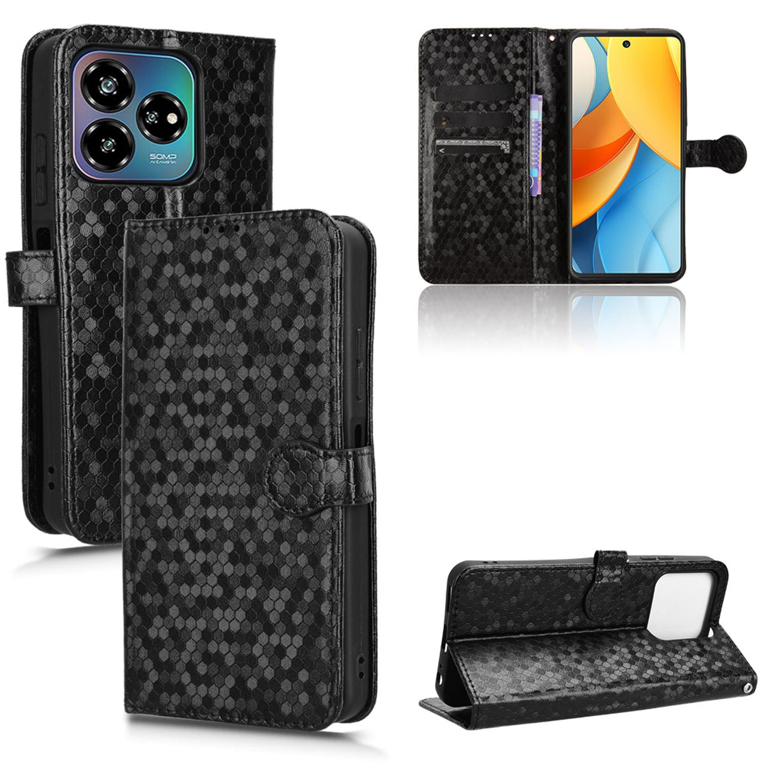 Slim Flip Polka-Dots Phone Case with Card Holder for ZTE Axon 60 Lite, Black