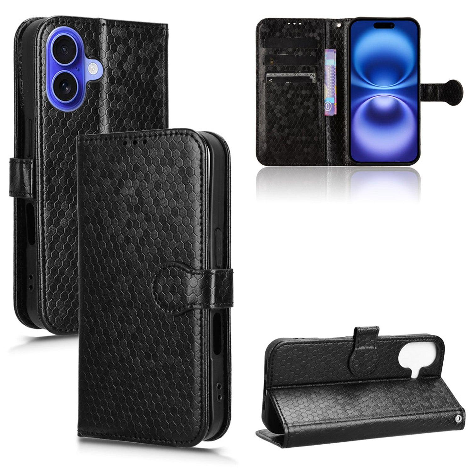 Slim Flip Polka-Dots Phone Case with Card Holder for iPhone 16 Plus, Black