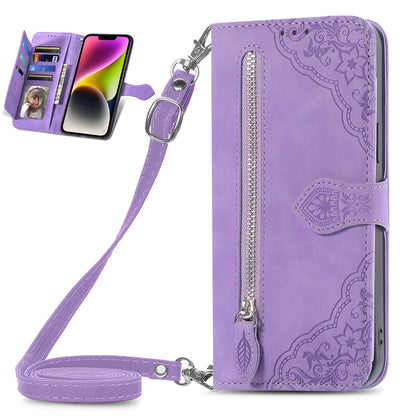 Crossbody Wallet Case Zipper Pocket Protective Cover for iPhone 13 Pro Max, Purple