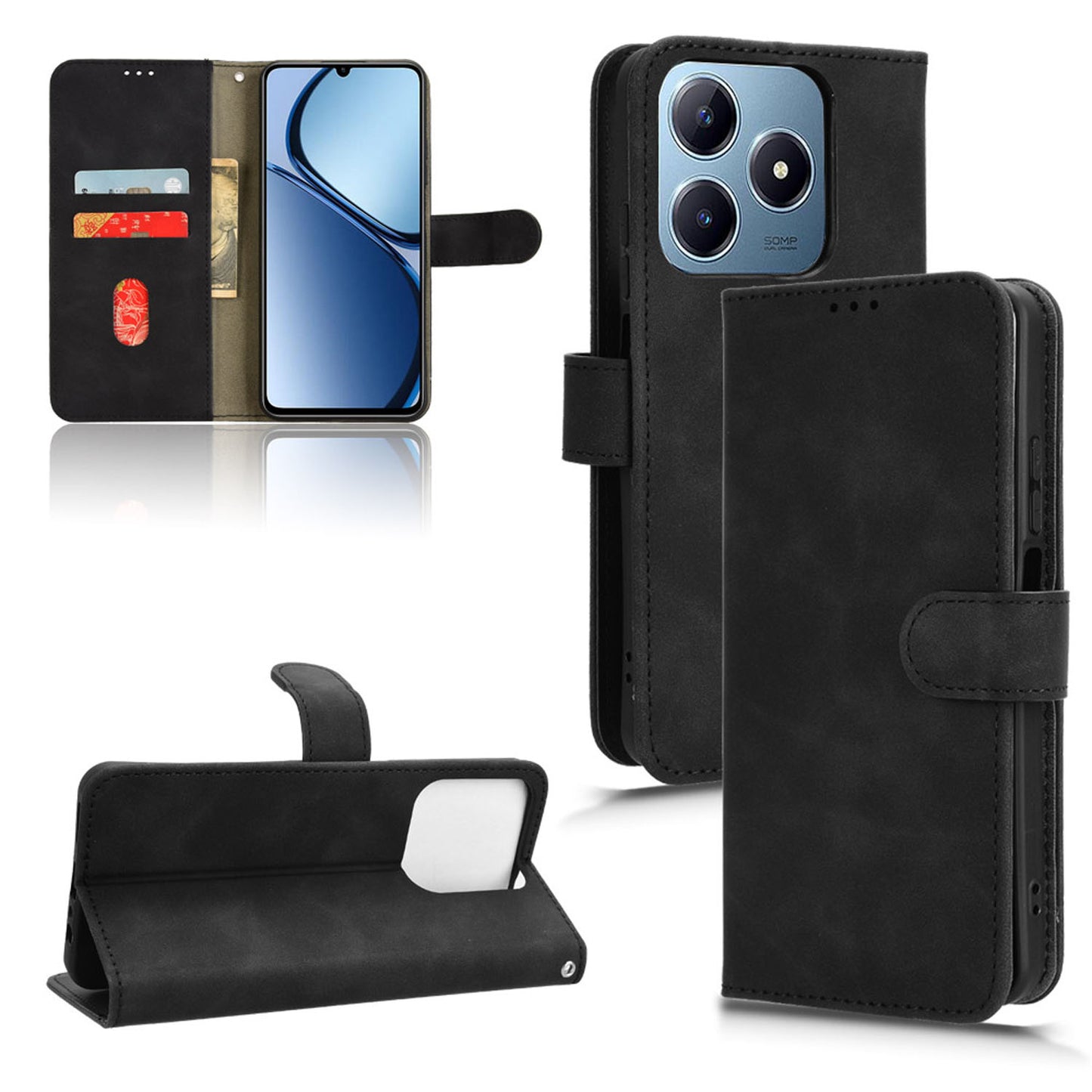 Wallet Case with Card Holder Flip Magnetic Protective Cover for Realme C63, Black