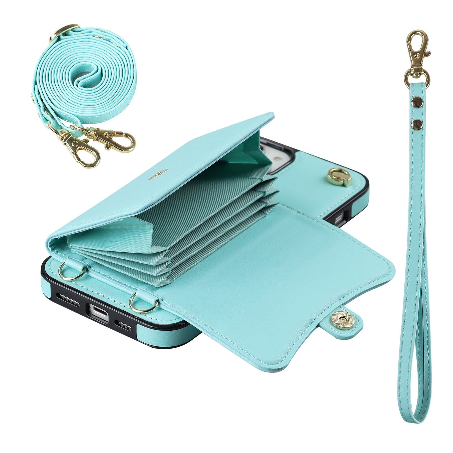 Crossbody Leather Detachable Adjustable Strap Wristlet Flip Case for iPhone 15, Blue