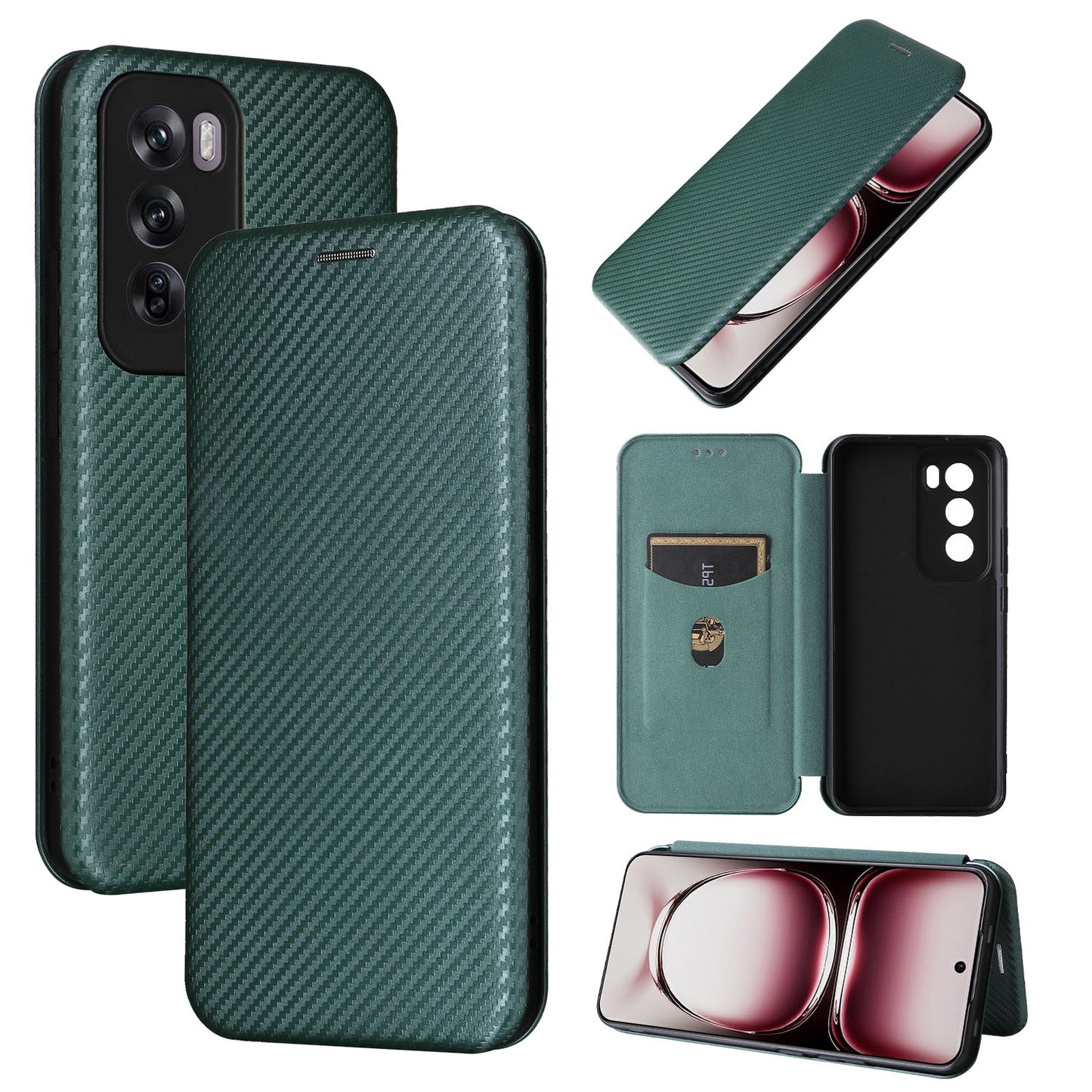 Carbon Fiber Flip Case for OPPO Reno12 Pro 5G, Green