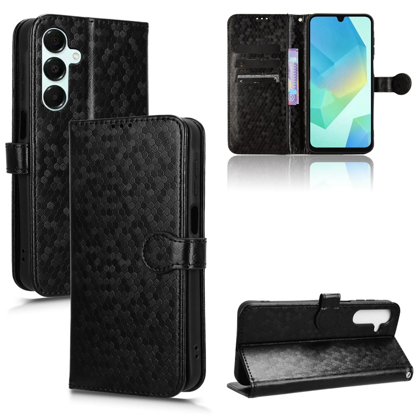 Slim Flip Polka-Dots Phone Case with Card Holder for Samsung Galaxy A16 5G, Black