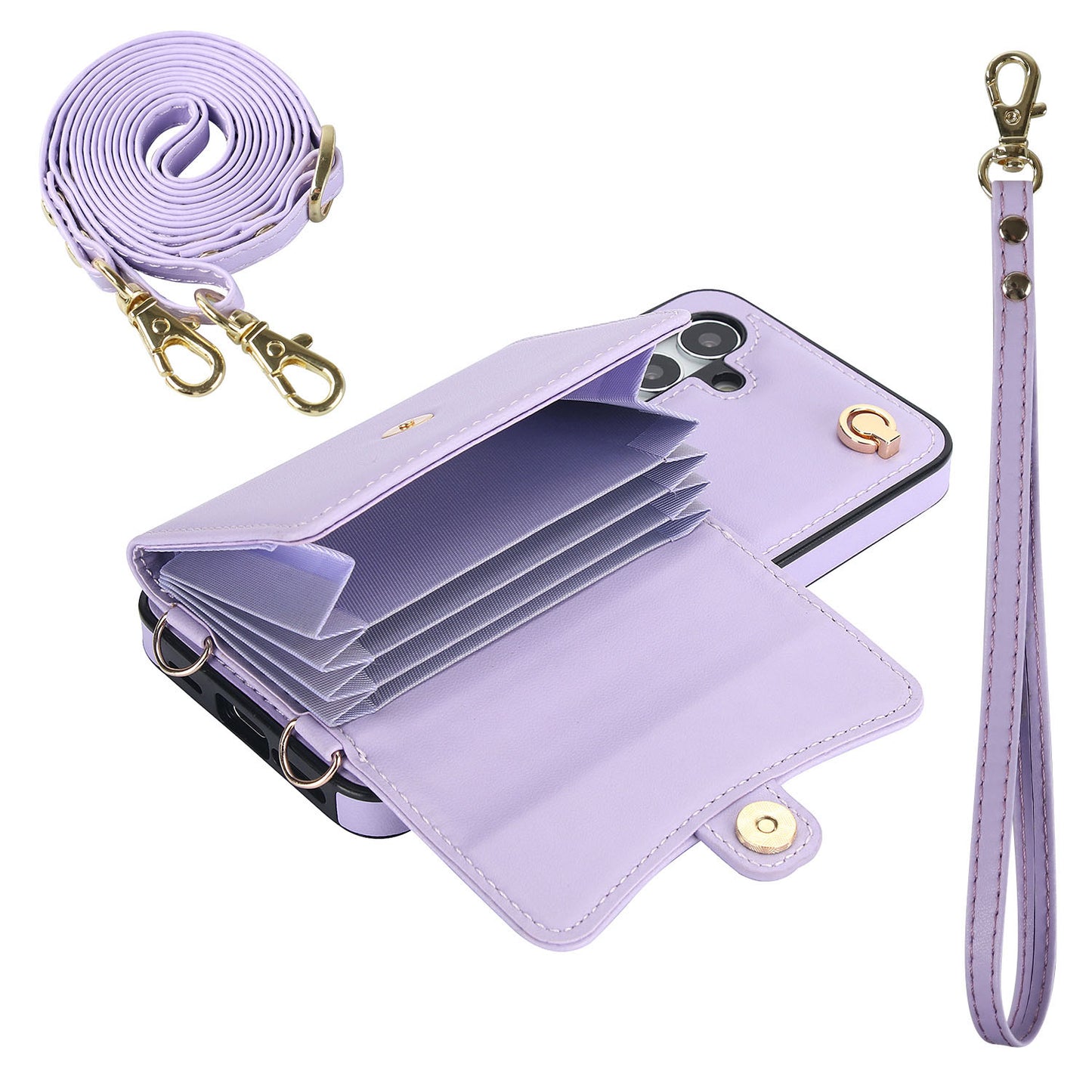 Crossbody Leather Detachable Adjustable Strap Wristlet Flip Case for Samsung Galaxy S24+, Purple