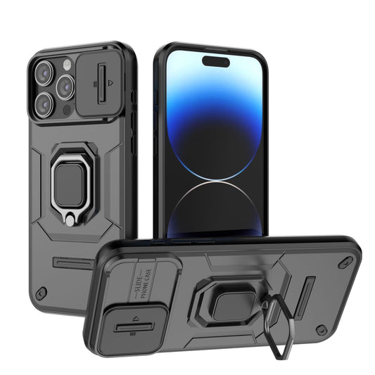 iPhone 15 Pro Max Heavy Duty Shockproof Case with Built in Slide Camera Lens Cover and Kickstand, Black