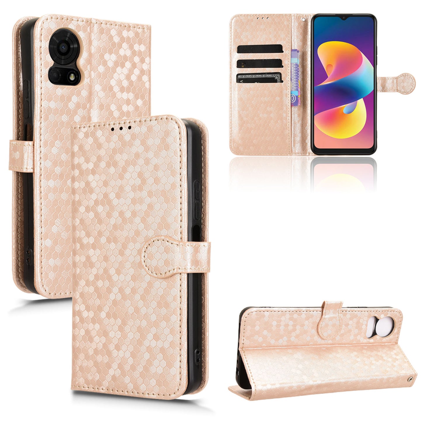 Slim Flip Polka-Dots Phone Case with Card Holder for TCL 50 LE, Rose Gold