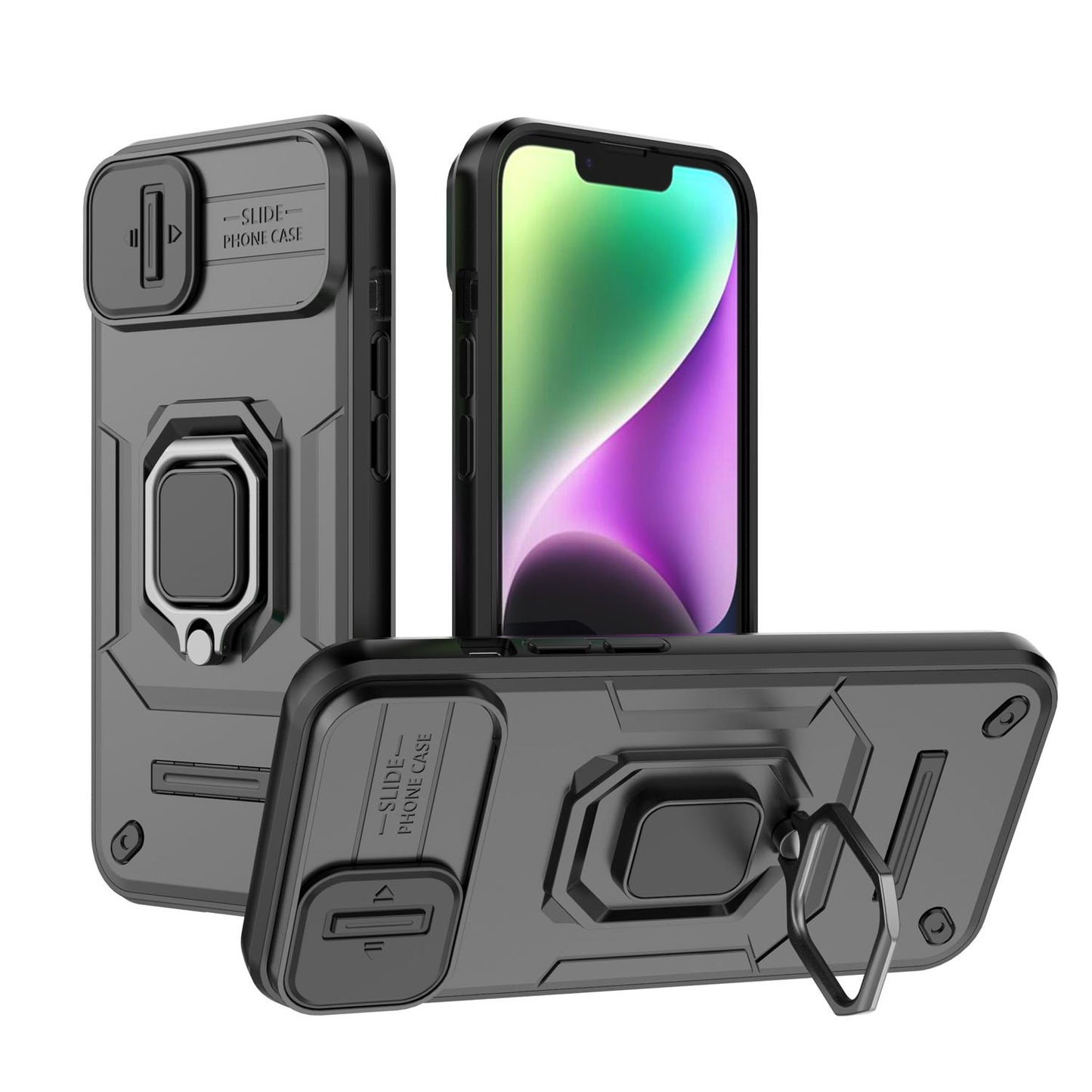 iPhone 14 Heavy Duty Shockproof Case with Built in Slide Camera Lens Cover and Kickstand, Black