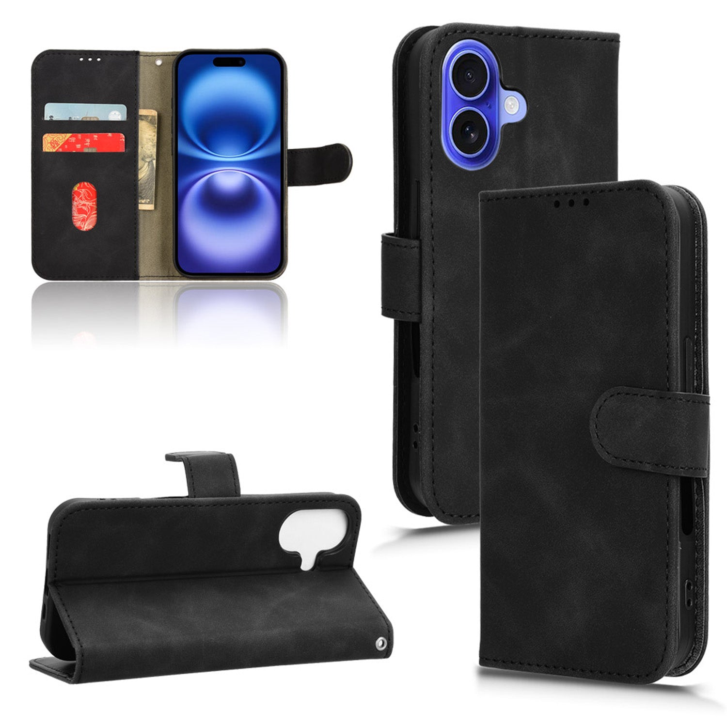 Wallet Case with Card Holder Flip Magnetic Protective Cover for iPhone 16 Plus, Black