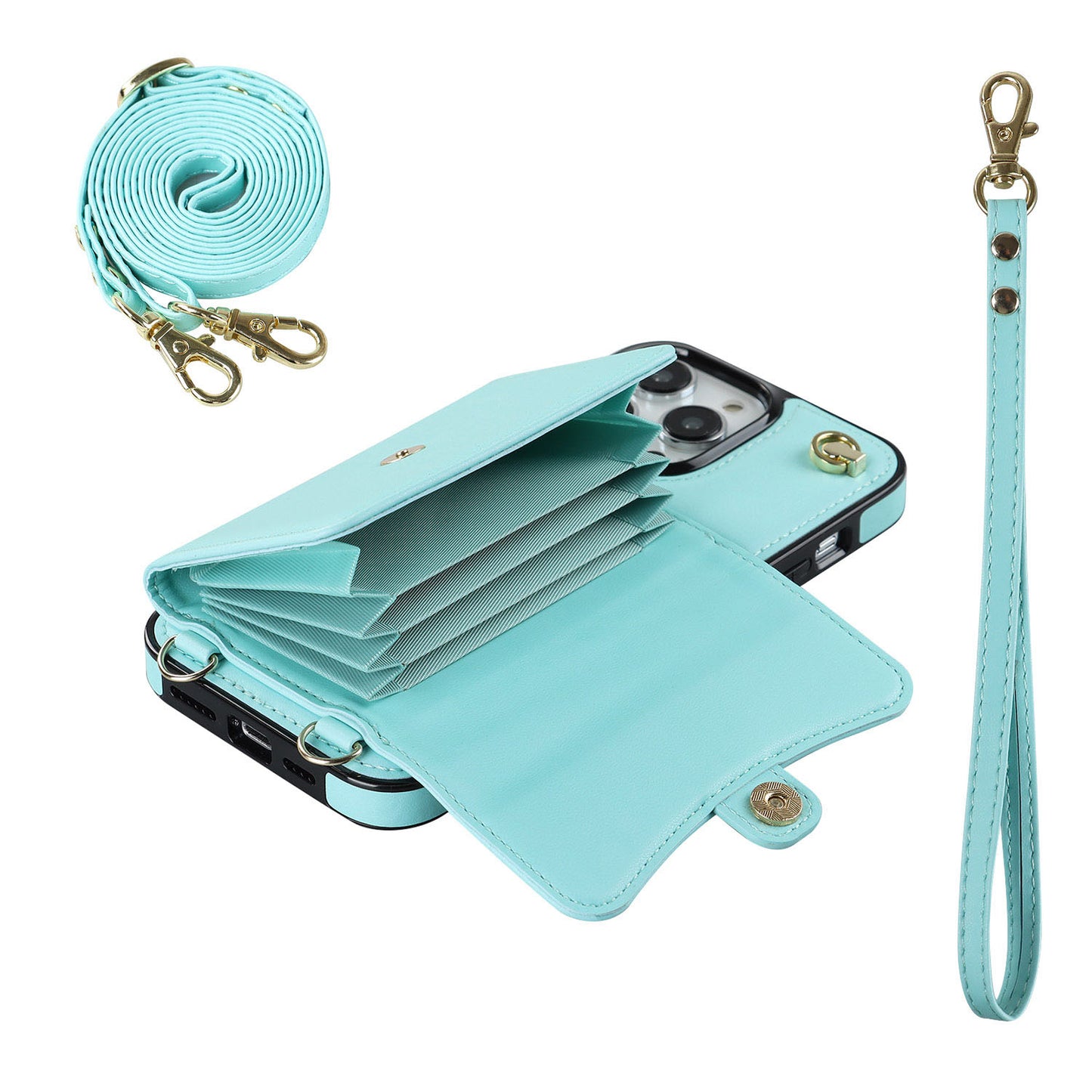 Crossbody Leather Detachable Adjustable Strap Wristlet Flip Case for iPhone 14 Pro Max, Blue