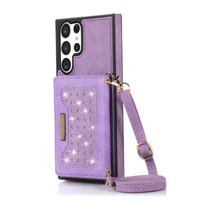 Crossbody Strap Bling Glitter Leather Flip Case for Samsung Galaxy S23 Ultra, Purple