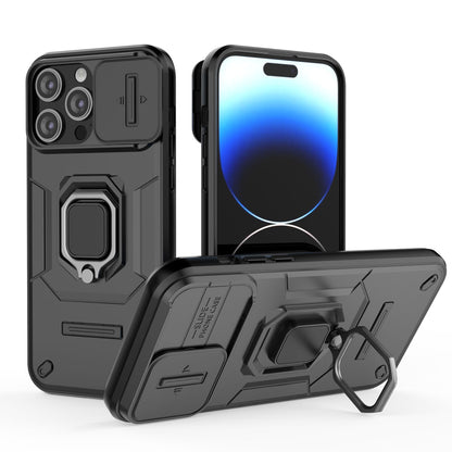 iPhone 13 Pro Max Heavy Duty Shockproof Case with Built in Slide Camera Lens Cover and Kickstand, Black