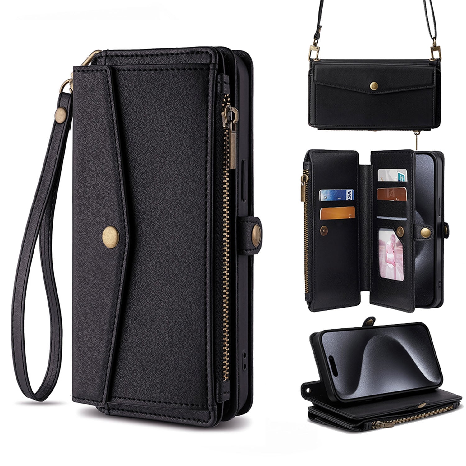 Crossbody for Samsung Galaxy S21+ 5G Case Wallet with 5 Card Holder Zipper Bills Slot, Black