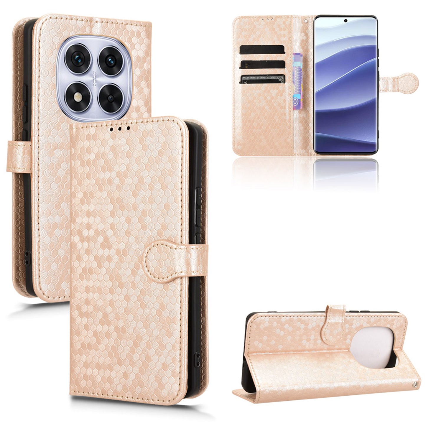 Slim Flip Polka-Dots Phone Case with Card Holder for Redmi Note 14 Pro Plus 5G, Rose Gold