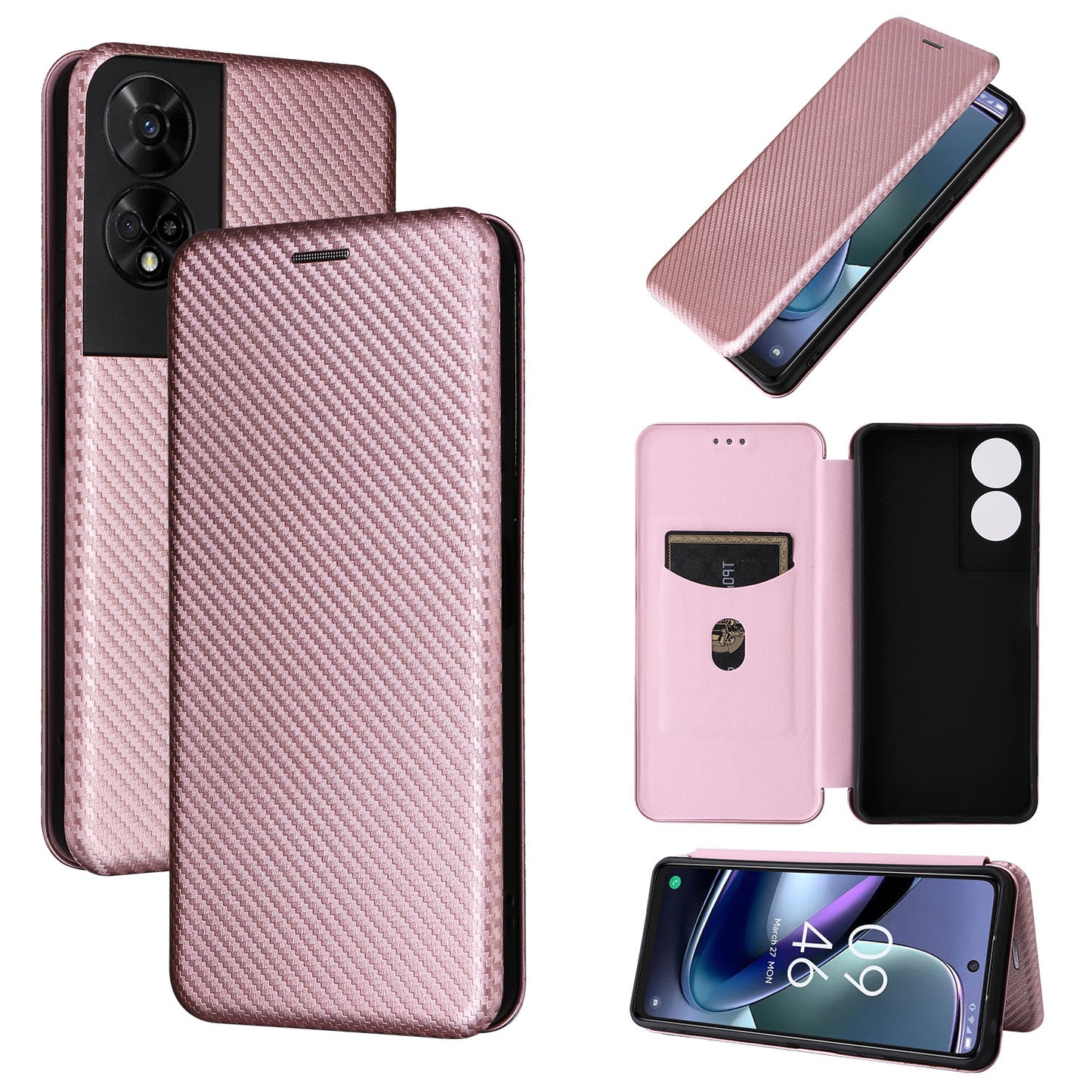 Carbon Fiber Flip Case for TCL 50 5G, Rose Gold