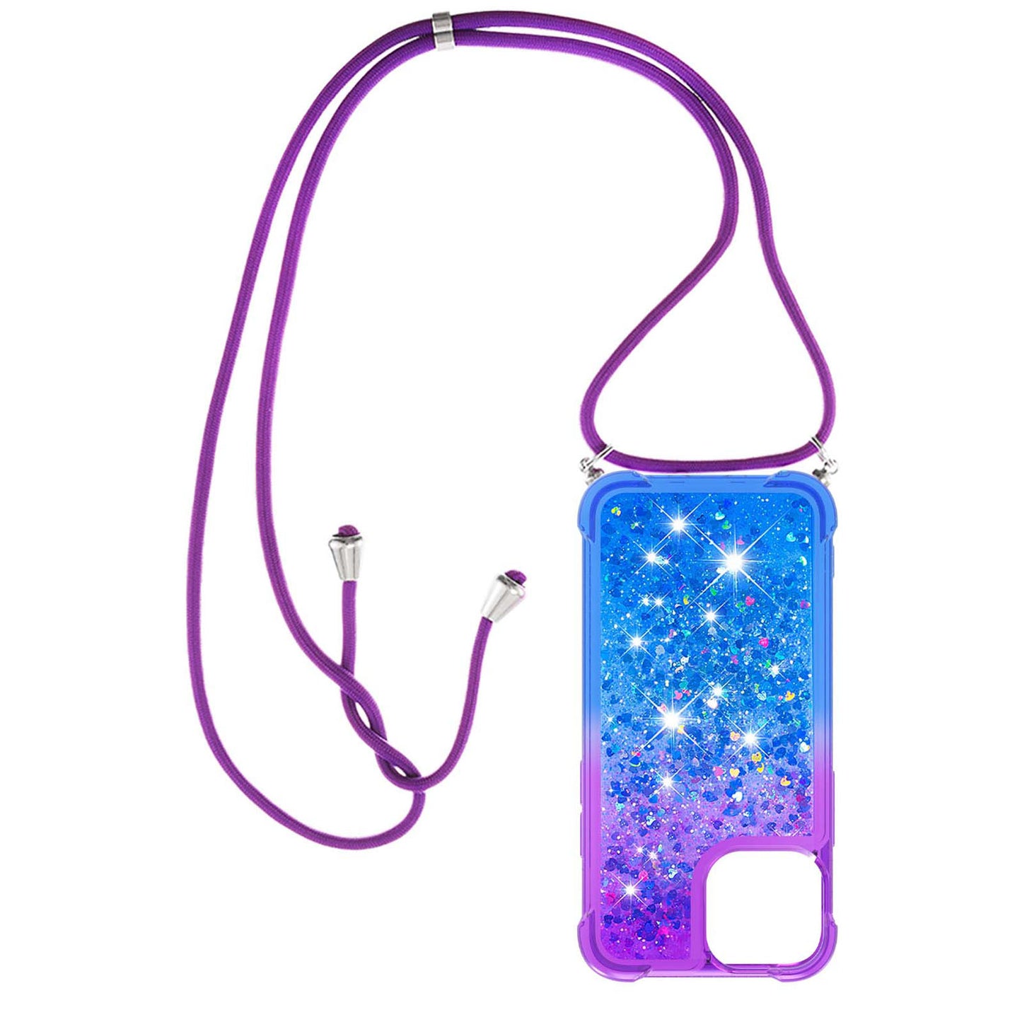 iPhone 13 Gradient Quicksand Liquid Shockproof Case with Adjustable Lanyard, P&B&LANYARD