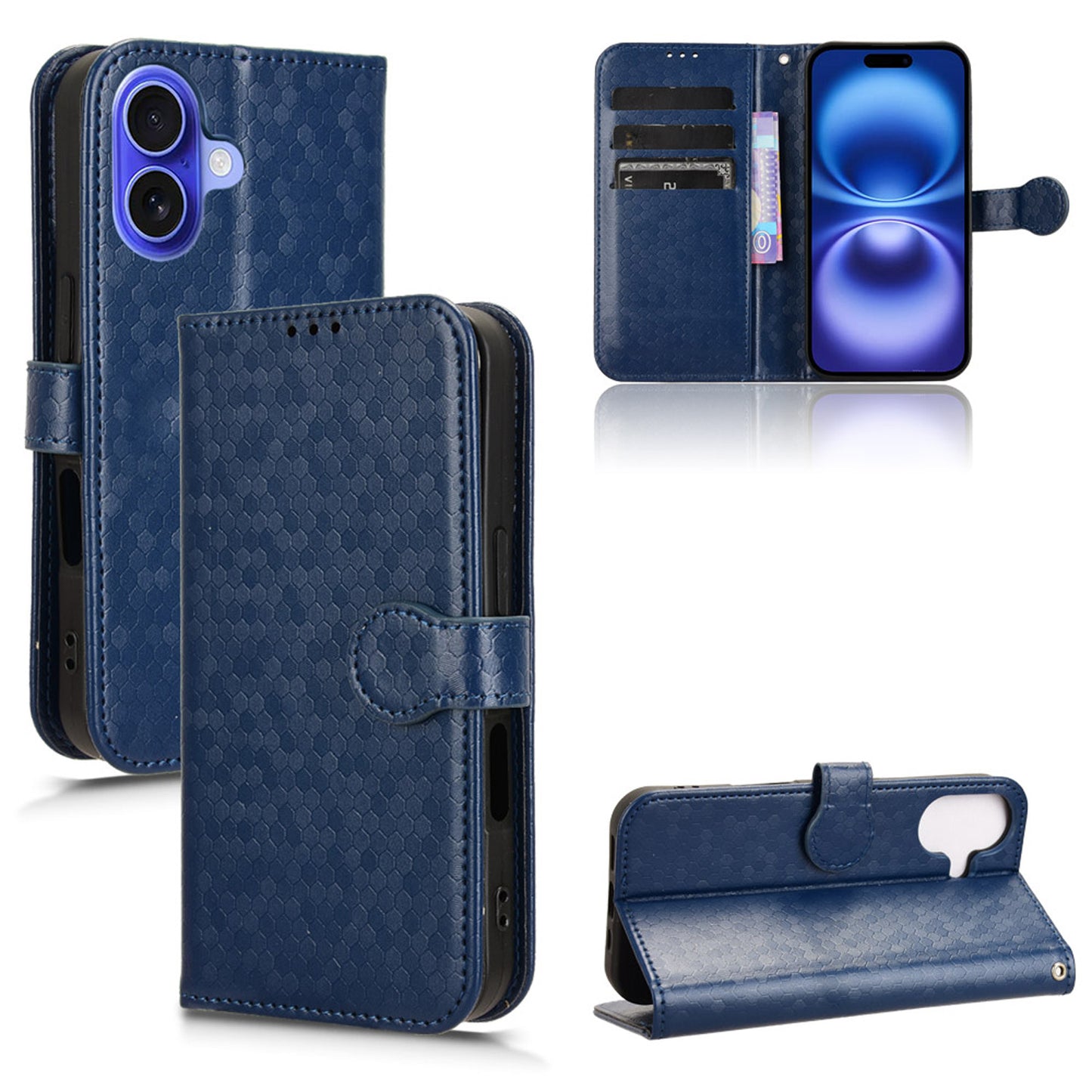 Slim Flip Polka-Dots Phone Case with Card Holder for iPhone 16, Blue