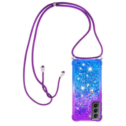 Samsung Galaxy S21 5G Gradient Quicksand Liquid Shockproof Case with Adjustable Lanyard, P&B&LANYARD