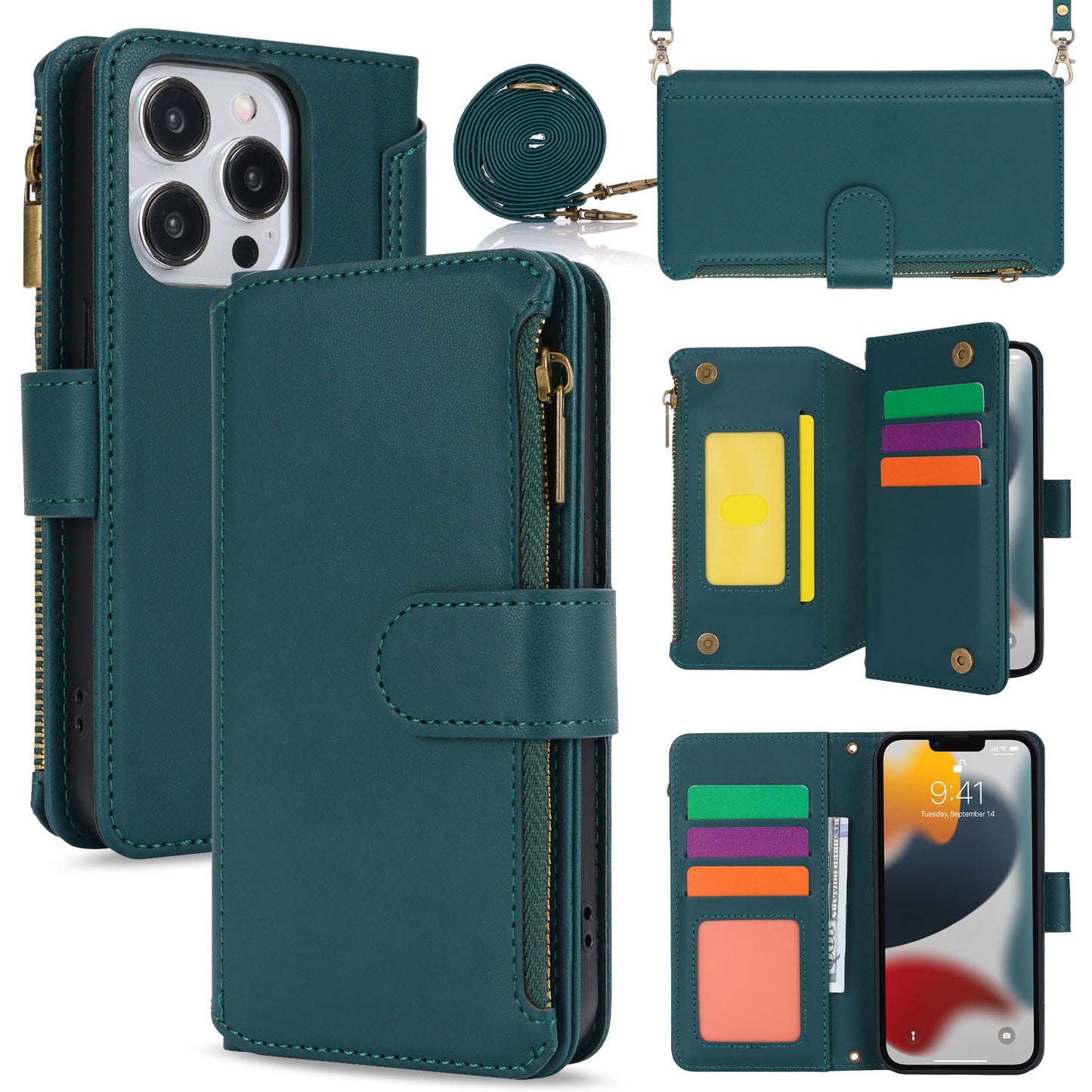 for iPhone 13 Pro Wallet Case with RFID Blocking, Green