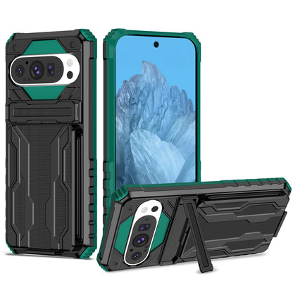 Detachable Card Holder Case with Kickstand Heavy Duty Cover for Google Pixel 9 Pro, Green