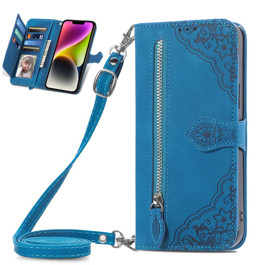 Crossbody Wallet Case Zipper Pocket Protective Cover for Xiaomi Redmi Note 13 Pro 4G, Blue