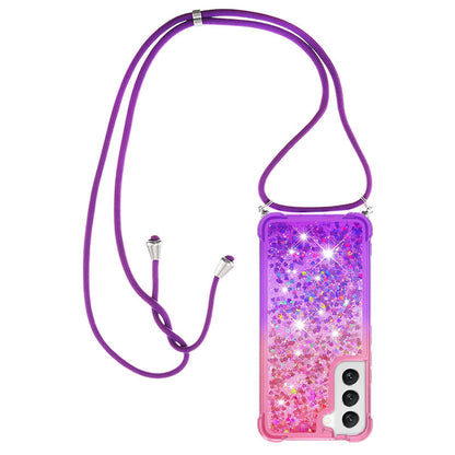 Samsung Galaxy S22 Gradient Quicksand Liquid Shockproof Case with Adjustable Lanyard, PINK&P&LANYARD