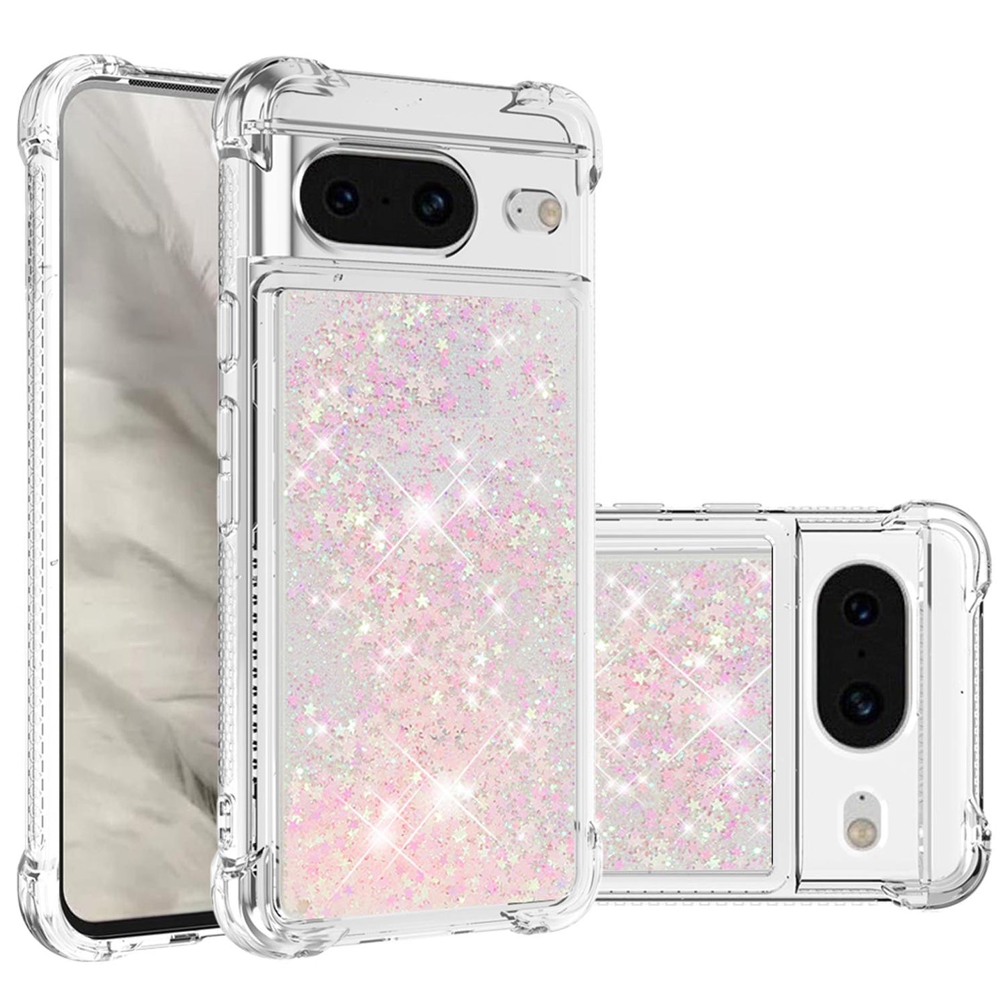 Liquid Flowing Case Anti Fall Proof Soft TPU Bumper Cover for Google Pixel 8, Silver Pink Star