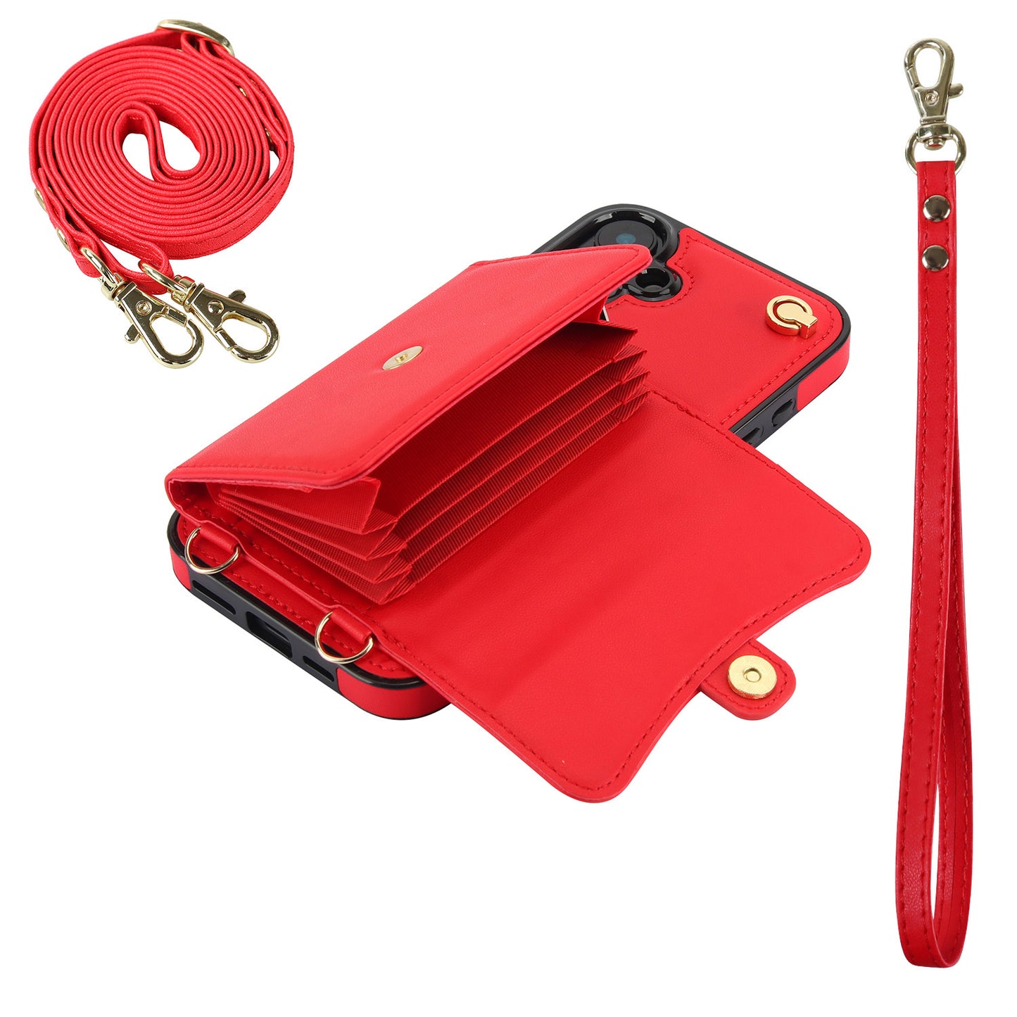 Crossbody Leather Detachable Adjustable Strap Wristlet Flip Case for iPhone 16, Red