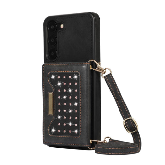 Crossbody Strap Bling Glitter Leather Flip Case for Samsung Galaxy S23, Black