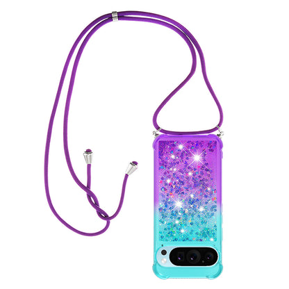 Google Pixel 9 Gradient Quicksand Liquid Shockproof Case with Adjustable Lanyard, PINK&B&LANYARD