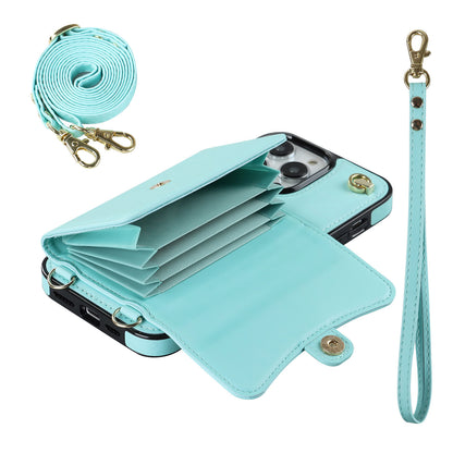 Crossbody Leather Detachable Adjustable Strap Wristlet Flip Case for iPhone 16 Pro Max, Blue