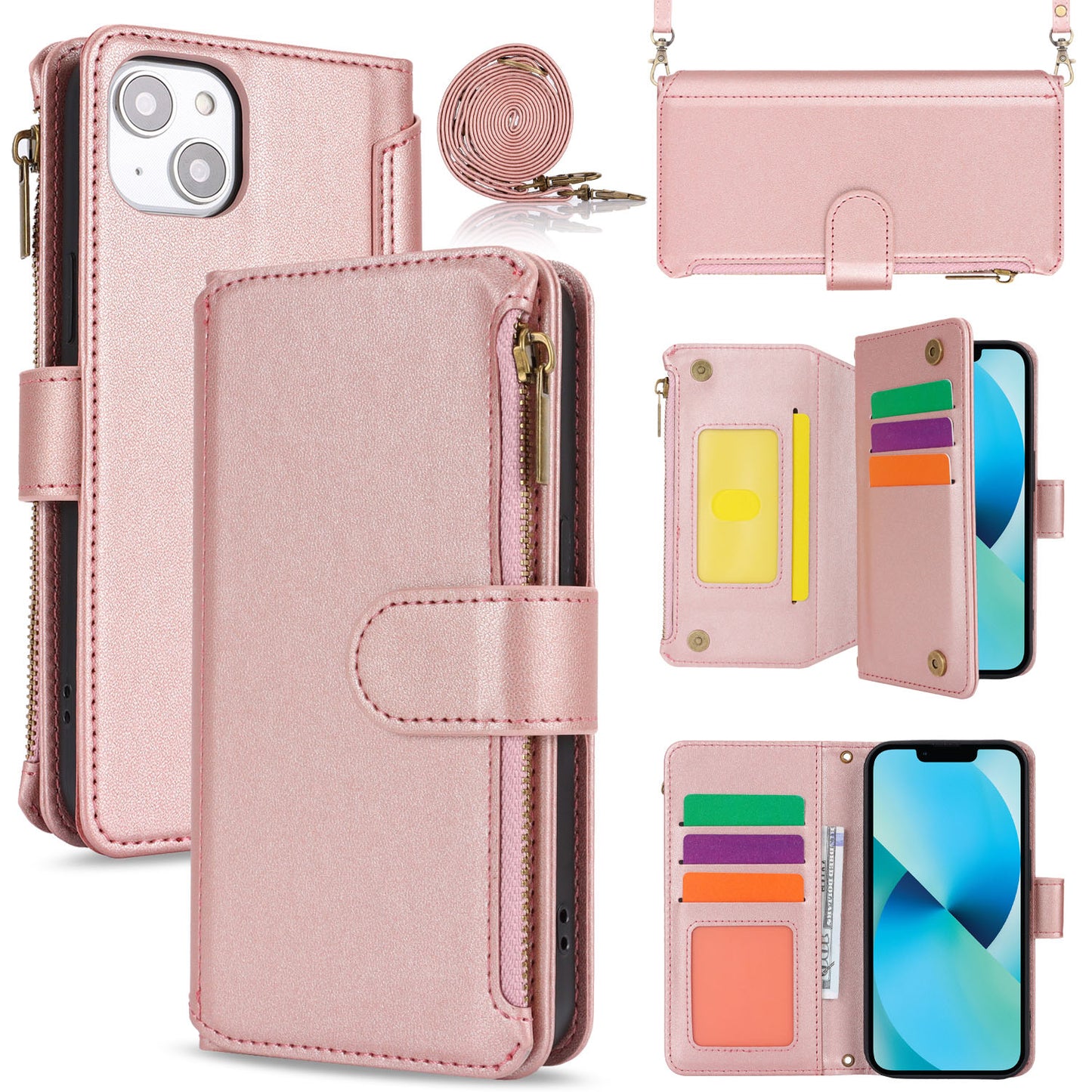 for iPhone 13 Mini Wallet Case with RFID Blocking, Rose Gold