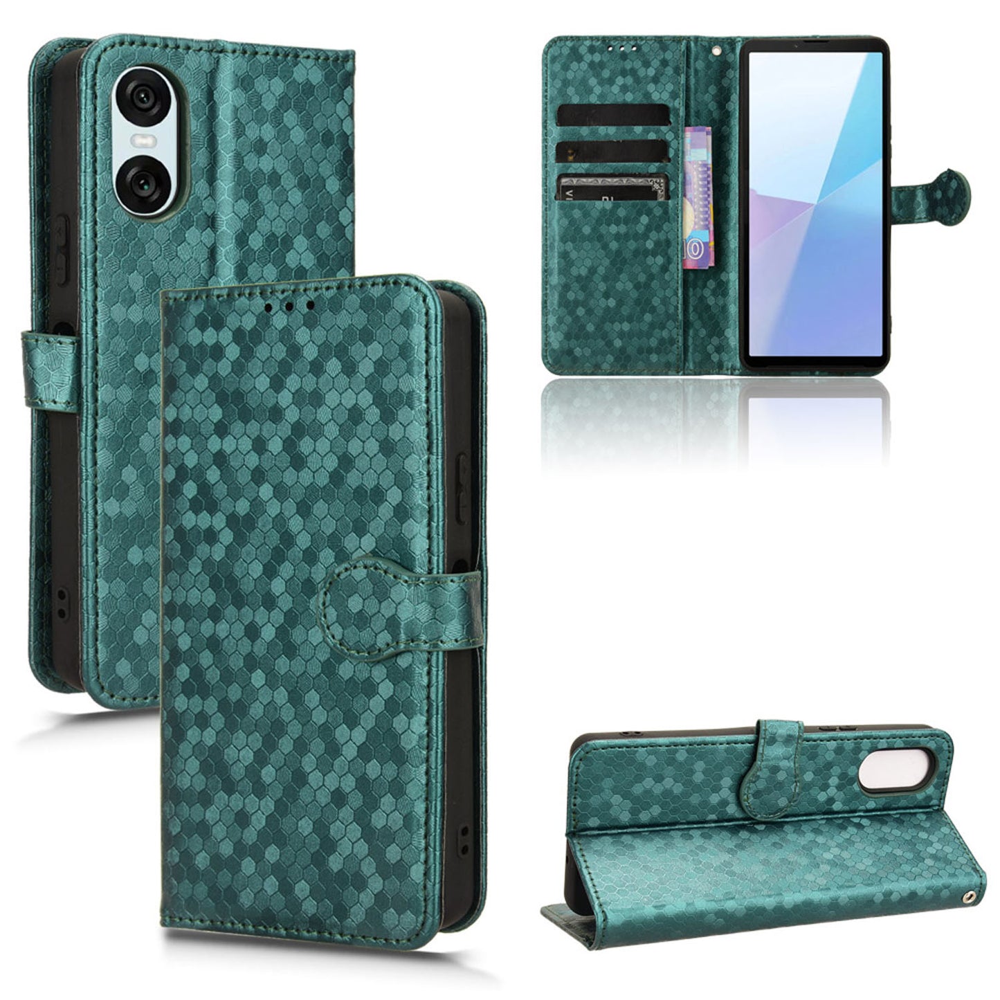 Slim Flip Polka-Dots Phone Case with Card Holder for Sony Xperia 10 VI 2024, Green