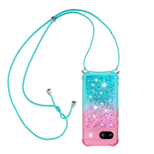 Google Pixel 8A Gradient Quicksand Liquid Shockproof Case with Adjustable Lanyard, B&P&LANYARD