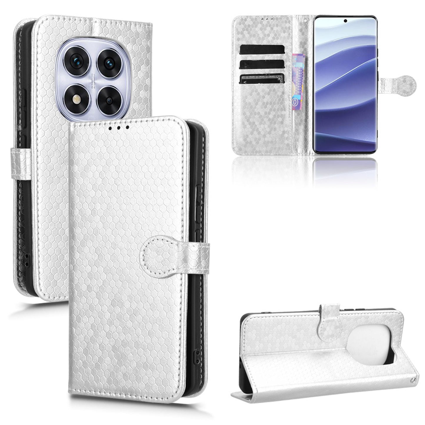 Slim Flip Polka-Dots Phone Case with Card Holder for Redmi Note 14 Pro Plus 5G, Silver