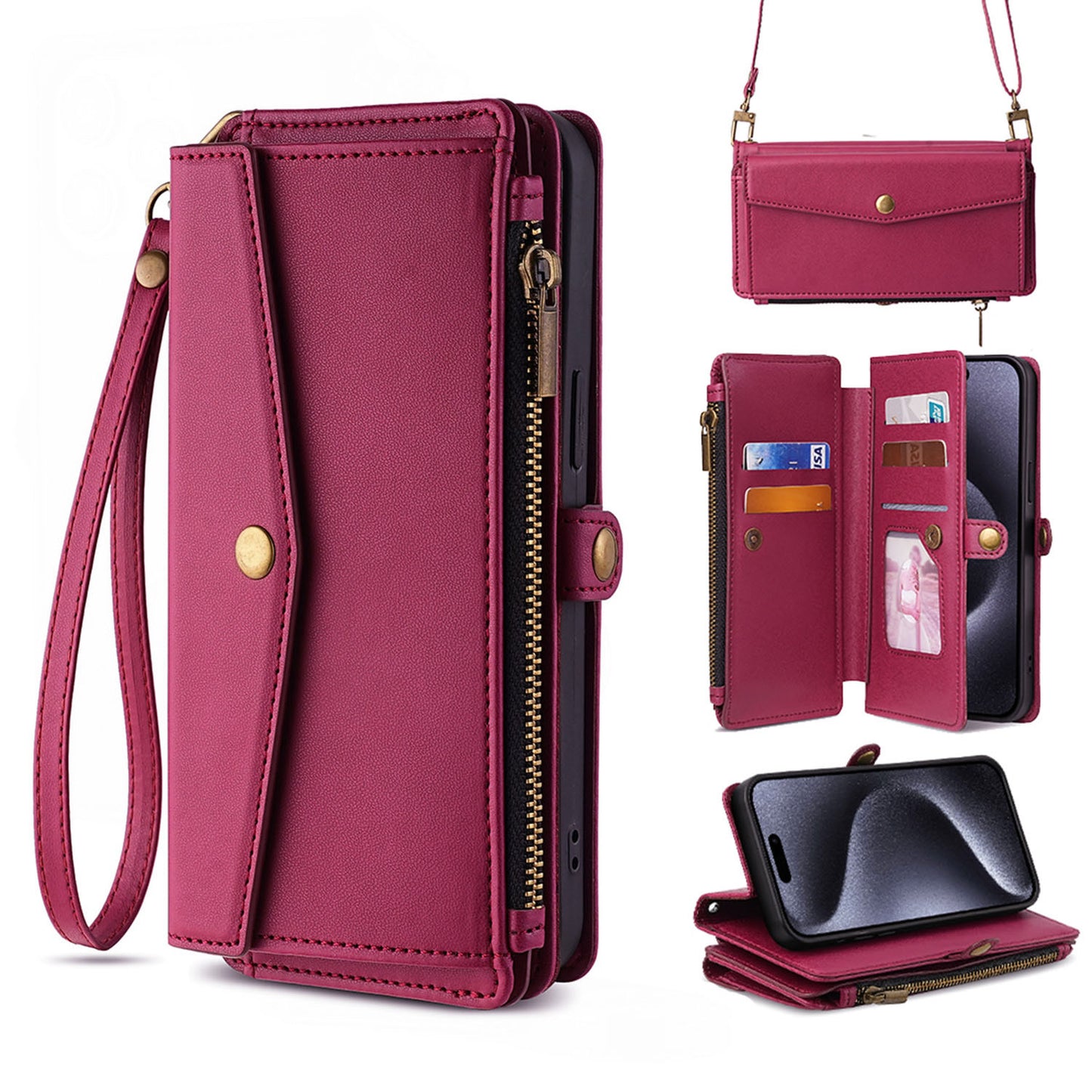 Crossbody for OPPO Reno10 5G Case Wallet with 5 Card Holder Zipper Bills Slot, Red