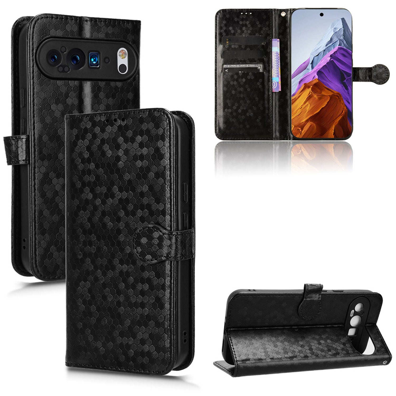 Slim Flip Polka-Dots Phone Case with Card Holder for Google Pixel 9 Pro XL, Black