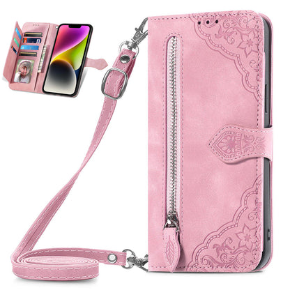 Crossbody Wallet Case Zipper Pocket Protective Cover for iPhone 15 Pro Max, Pink