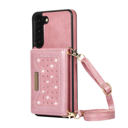 Crossbody Strap Bling Glitter Leather Flip Case for Samsung Galaxy S23+, Rose Gold