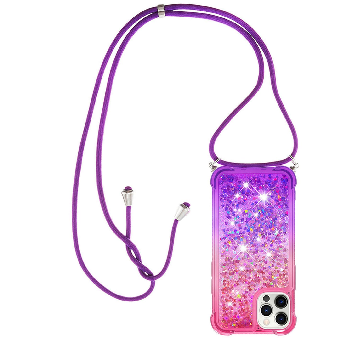 iPhone 11 Pro Gradient Quicksand Liquid Shockproof Case with Adjustable Lanyard, PINK&P&LANYARD